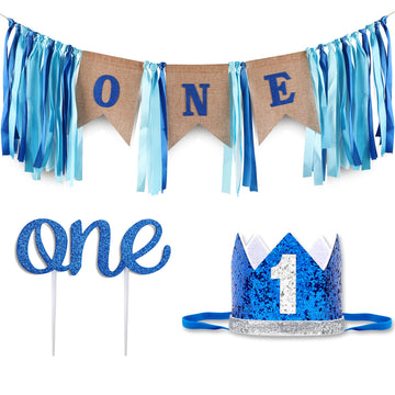 Baby 1St Birthday Boy Decorations With Crown - Baby Boy First Birthday Decorations High Chair Banner - Cake Smash Party Supplies