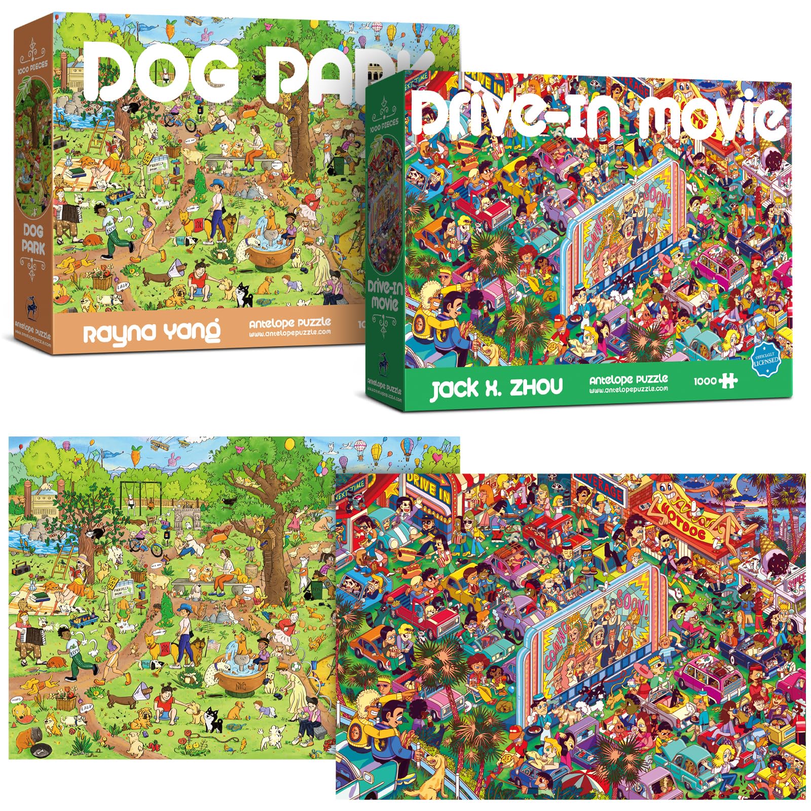 Antelope 2 In 1 1000 Piece Puzzle Bundle - Dog Park - 1000 Piece Jigsaw Puzzle Bundle With Drive In Movie - 1000 Piece Jigsaw Puzzle