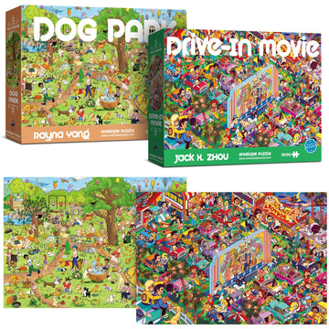 Antelope 2 In 1 1000 Piece Puzzle Bundle - Dog Park - 1000 Piece Jigsaw Puzzle Bundle With Drive In Movie - 1000 Piece Jigsaw Puzzle