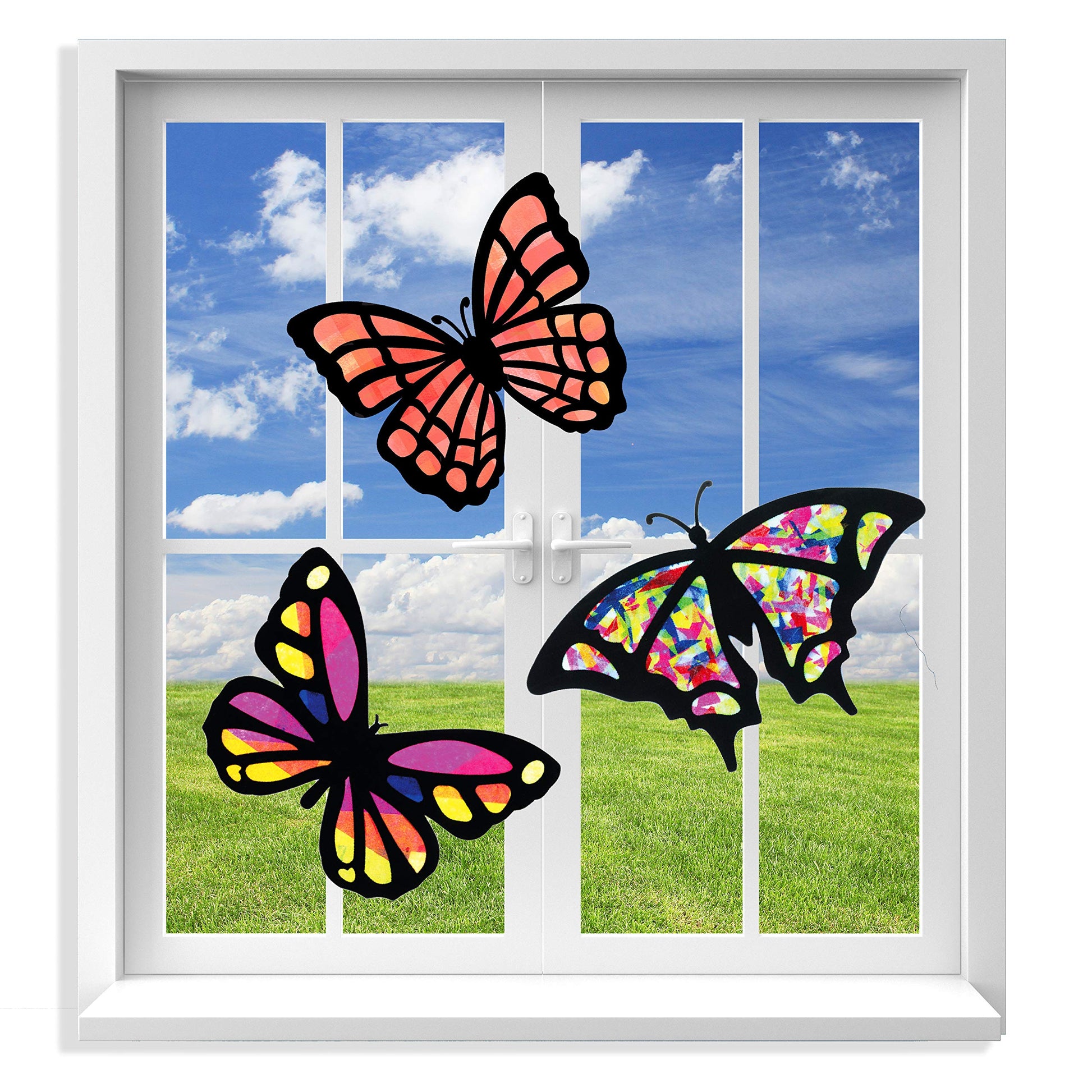 VHALE Suncatchers Craft 3 Sets (9 Cutouts) w Tissue Papers Stained Glass Effect Paper Sun Catcher Kit, Window Art, Classroom Cra