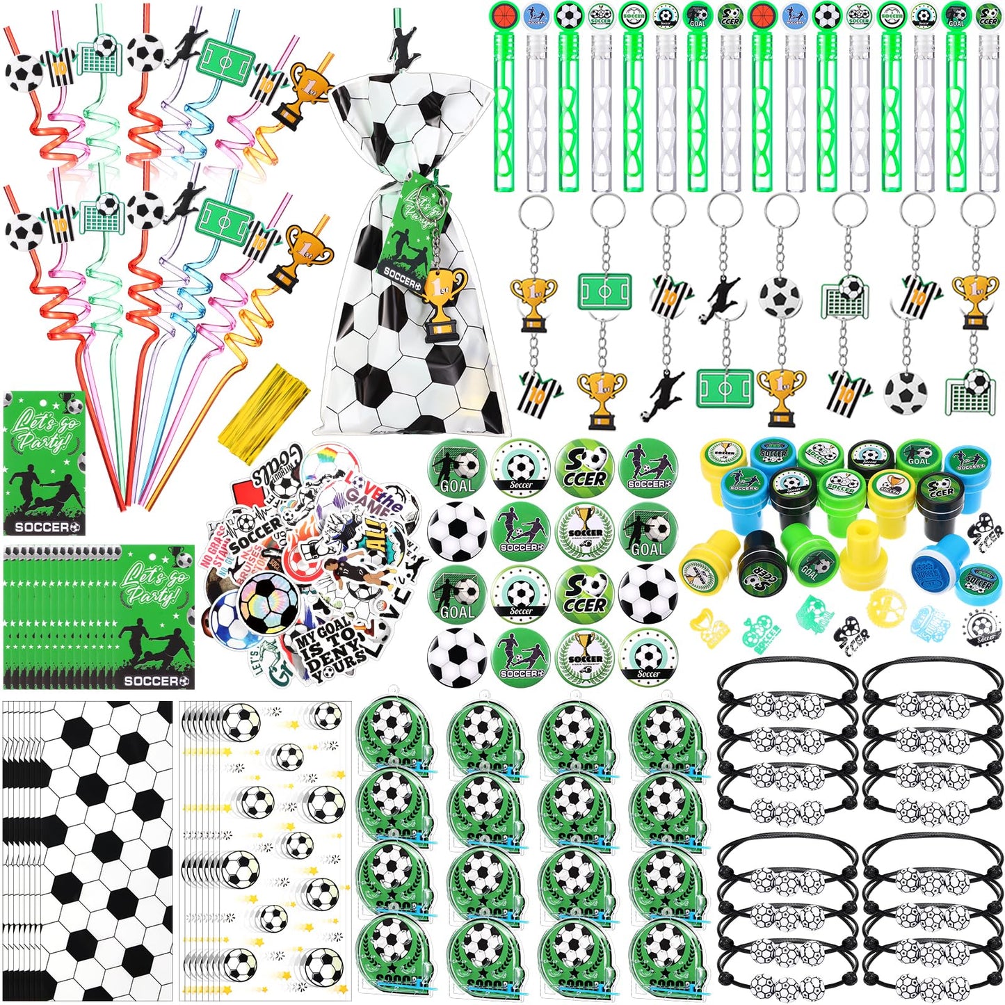 Saypacck 197 Pcs Soccer Party Favors with Ball Bracelets Mini Pinball Mini Bubble Wands Straws Keychains Badges Stickers Stamps 