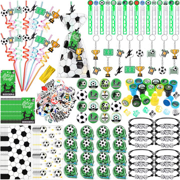 Saypacck 197 Pcs Soccer Party Favors with Ball Bracelets Mini Pinball Mini Bubble Wands Straws Keychains Badges Stickers Stamps 