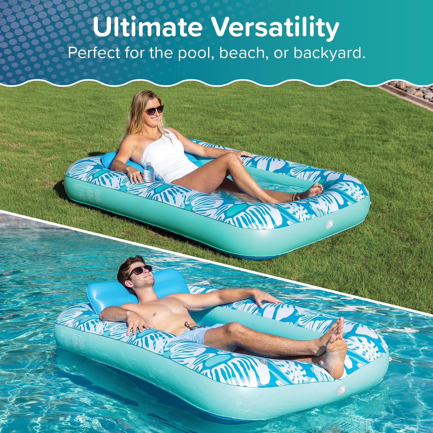 Aqua Inflatable Tanning Pool Lounger - Large (71 x 48 in) - enhanced Pool Float with Cupholders and Removeable Pillow for Relaxation and Fun  Blue Flowers Pattern