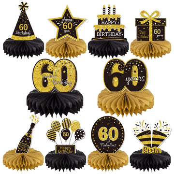 Gexolenu 10 Pcs 60Th Birthday Honeycomb Centerpieces Gold Black Cheers To 60 Years Birthday Centerpieces Tables Toppers For 60Th
