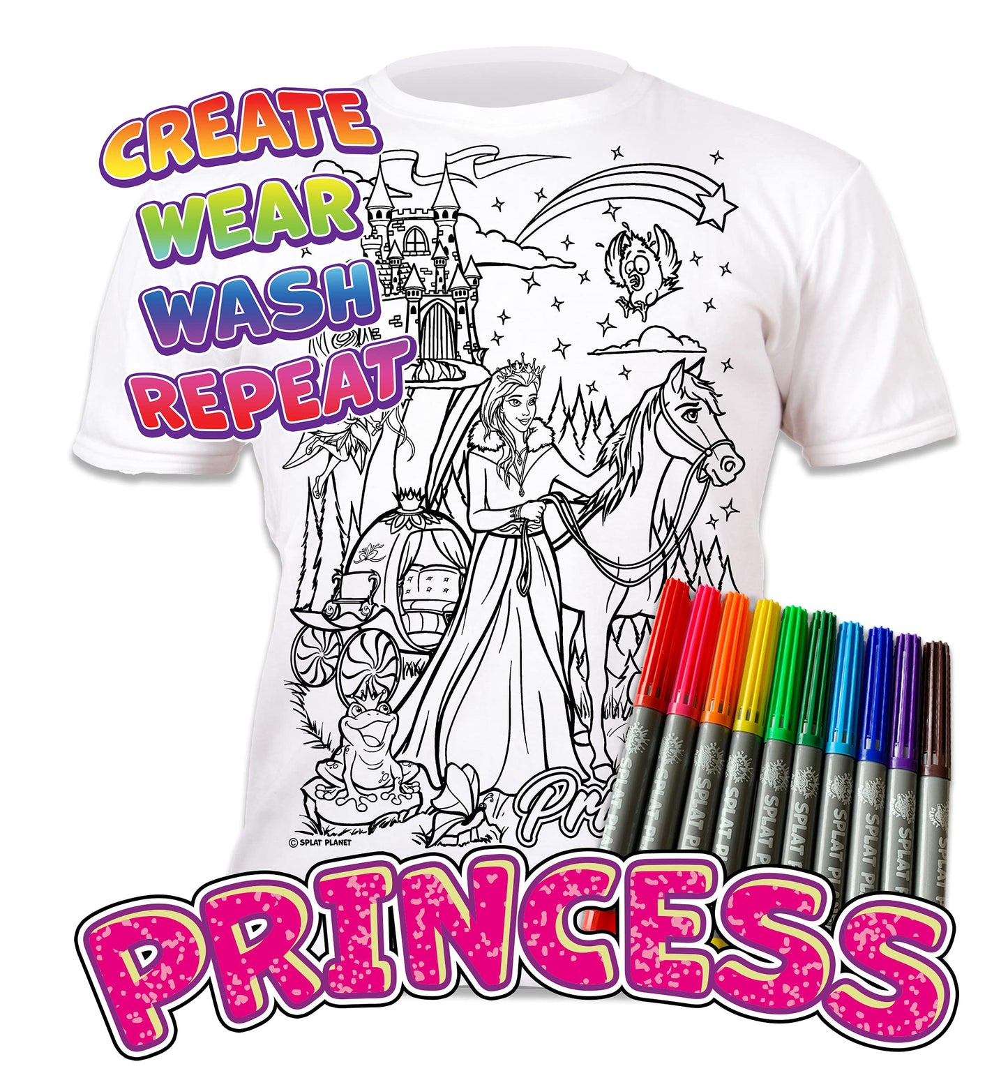 Splat Planet T-Shirt Princess T-Shirt Magica Da Colorare Con 10 Penne Magiche Lavabili Atossiche - Colora La Tua Maglietta, Colo
