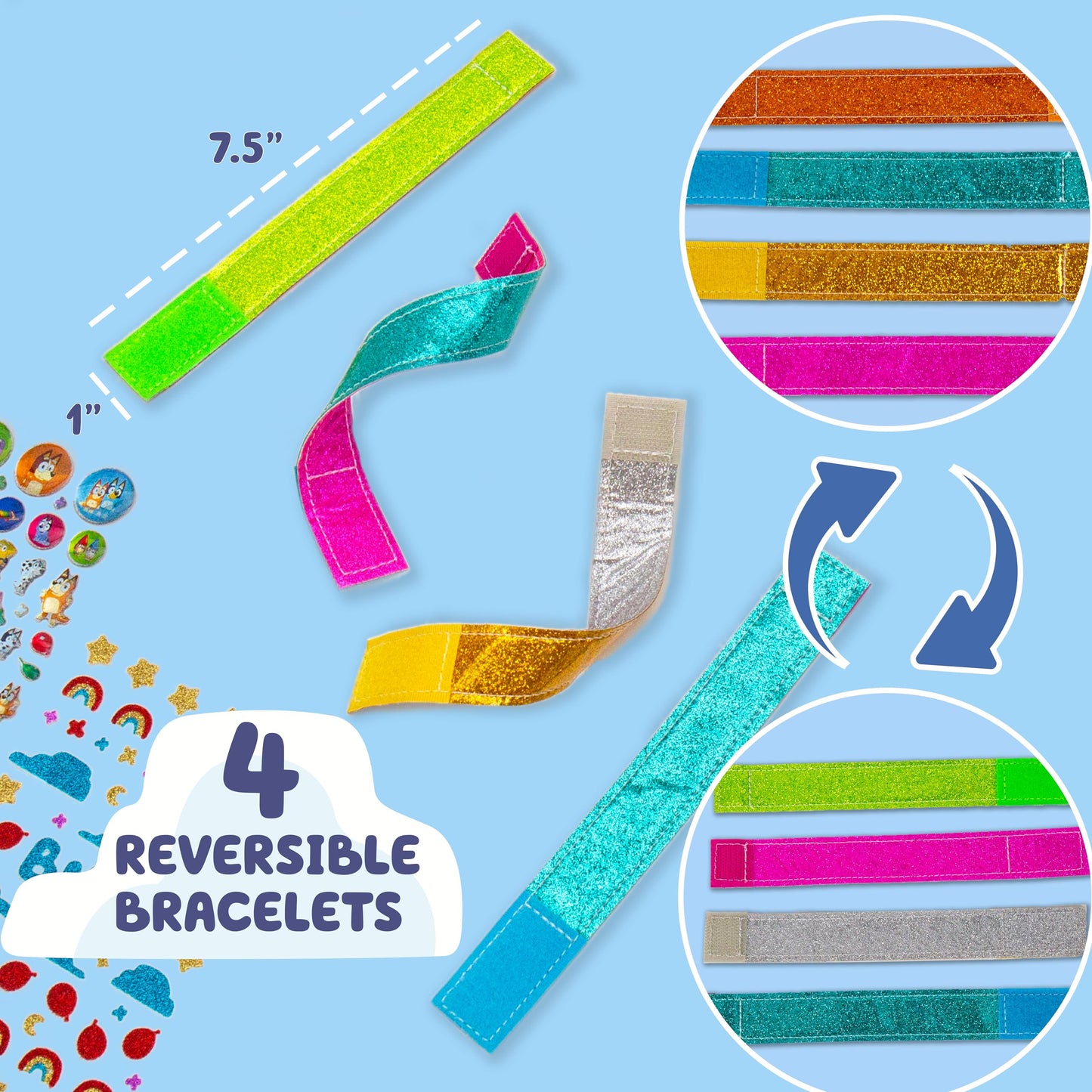Bluey Sparkle Bracelet Making Kit, 4 Reversible Bracelets with Easy Closure, 100+ Traditional and Puffy Resin Stickers, DIY Blue