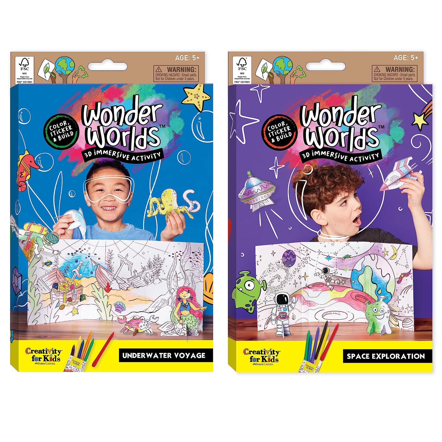 Creativity For Kids Wonder Worlds 3D Coloring Craft Kit 2 Pack: Outer Space And Underwater Voyage - Gifts For Boys And Girls Ages 5-8+