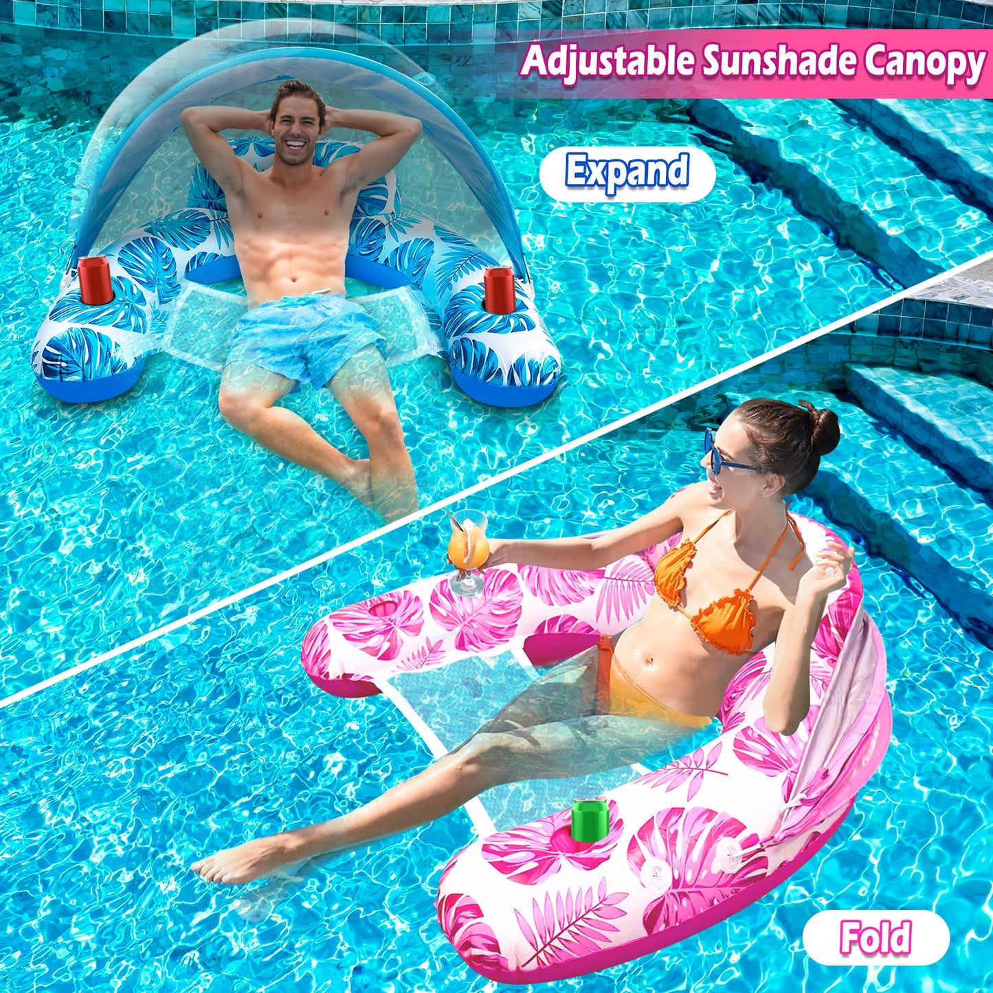 Pool Float with Canopy  Inflatable Pool Floats for mature-themed with 2 Cup Holders - XL Pool Lounger Chairs with Detachable Shade Mesh Seat & Headrest for Pool Party Beach Summer Water Fun