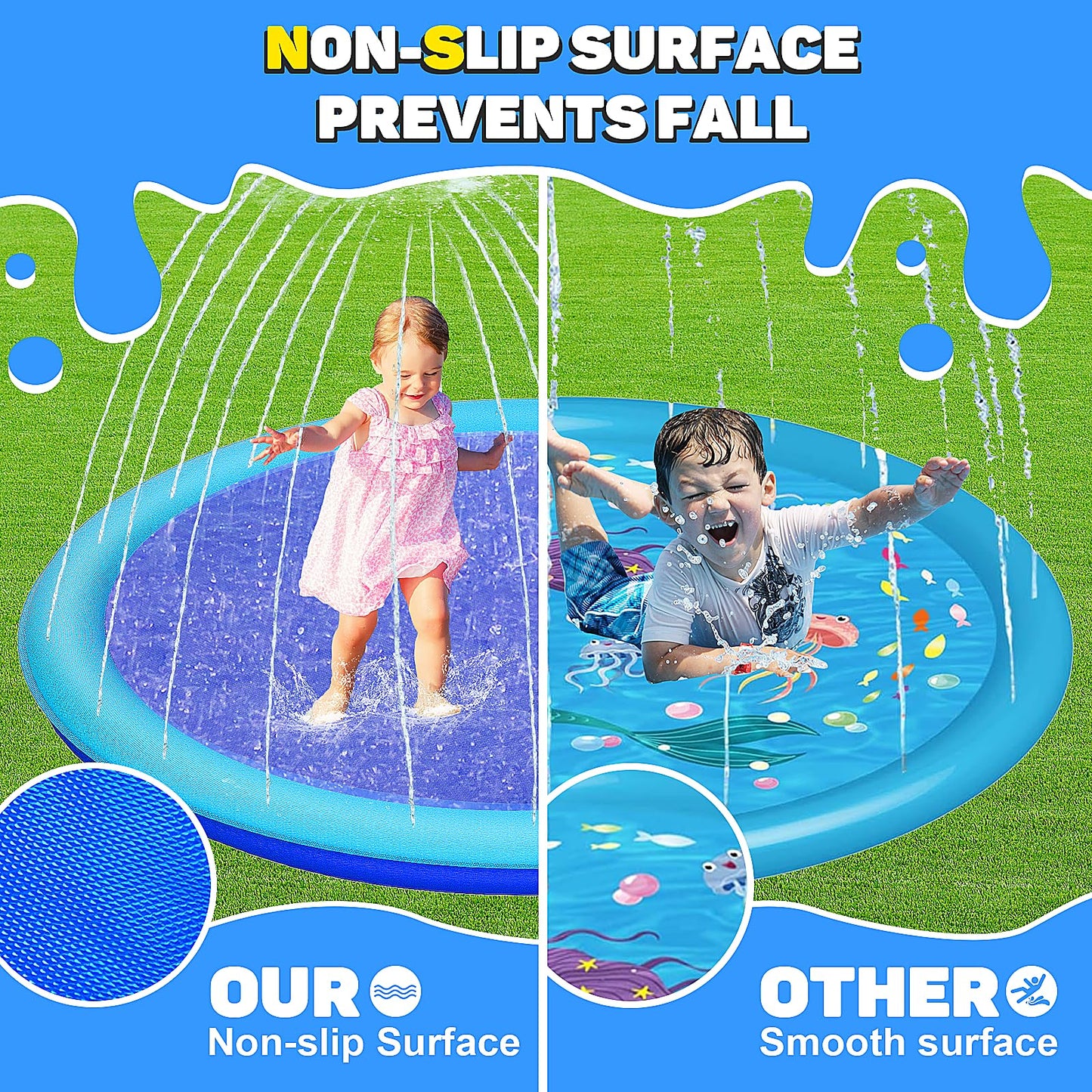 Thicken 118'' Giant Splash Pad, Non-Slip Splash Pad for Kids and Dogs, Toddler Sprinkler Pool & Splash Play Mat, Summer Outside