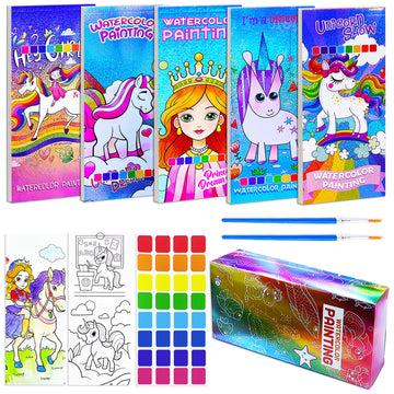 Baoxue 5Pcs Water Color Paint Sets For Kids, Pocket Watercolor Painting Coloring Book, Paint With Water Books For Kids Ages 4-8, Art Craft Set For Girls Boys Drawing With Brush