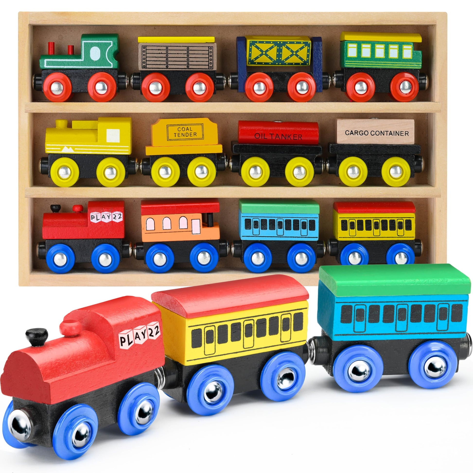Wooden Train Set 12 PCS - Train Toys Magnetic Set Includes 3 Engines - Toy Train Sets For Kids Toddler Boys And Girls - Compatib
