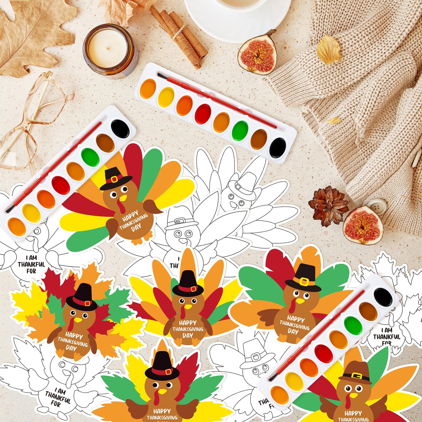 K1tpde Thanksgiving Crafts with Watercolor Paint - 24 Set DIY Watercolor Paint Bulk with Turkey Greeting Card Kit for Kids Schoo