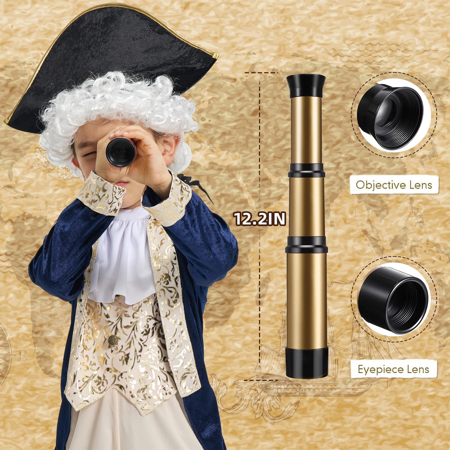 IKALI Kids George Washington Costume With Wig and Hat Accessories, Boys Children Hamilton American Colonial Day Outfit Uniform 1