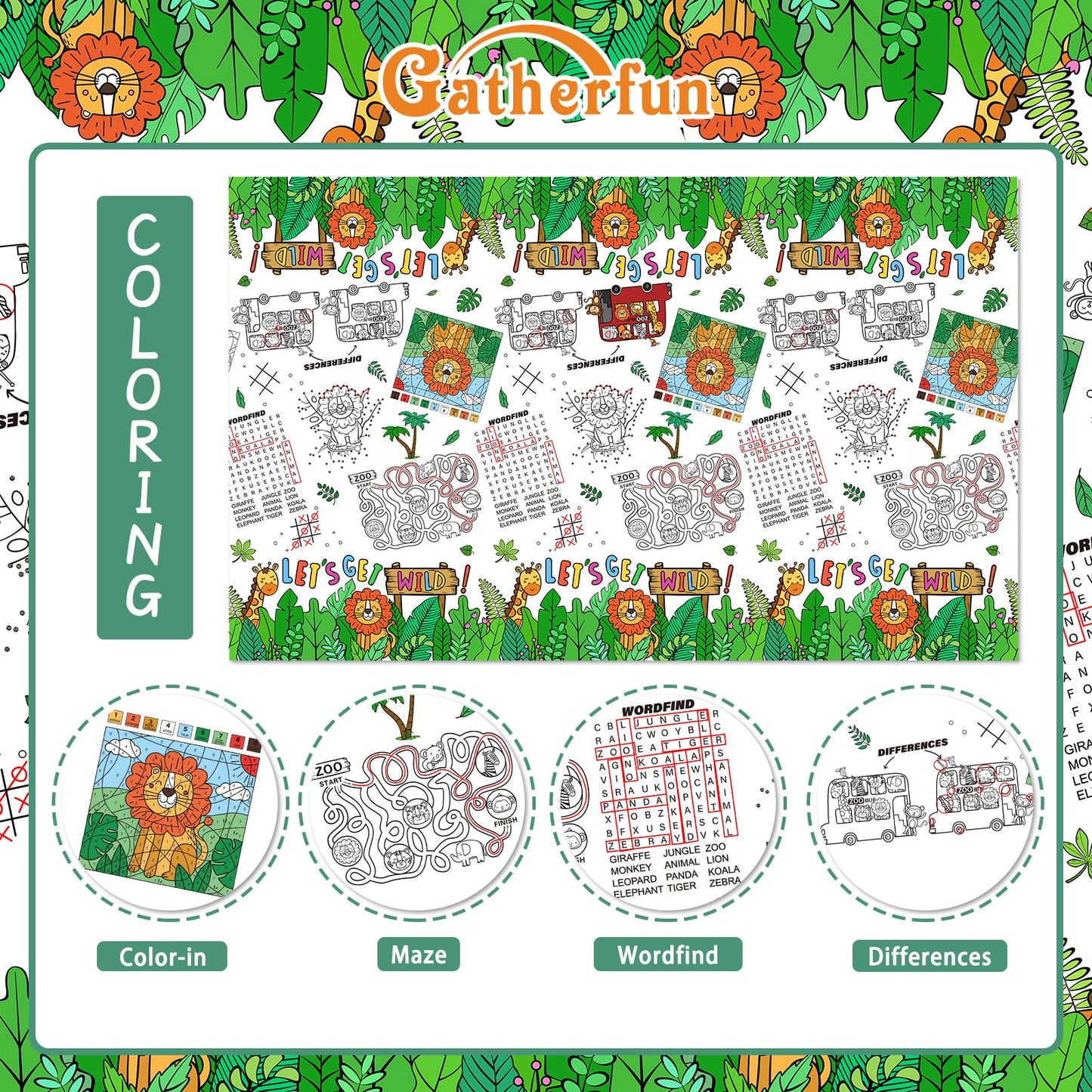 Gatherfun 2 Pack Safari Jungle Theme Kids Coloring Paper Tablecloth, Interactive Activity Table Cover For Boys Birthday Party, S
