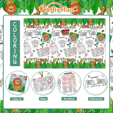 Gatherfun 2 Pack Safari Jungle Theme Kids Coloring Paper Tablecloth, Interactive Activity Table Cover For Boys Birthday Party, S