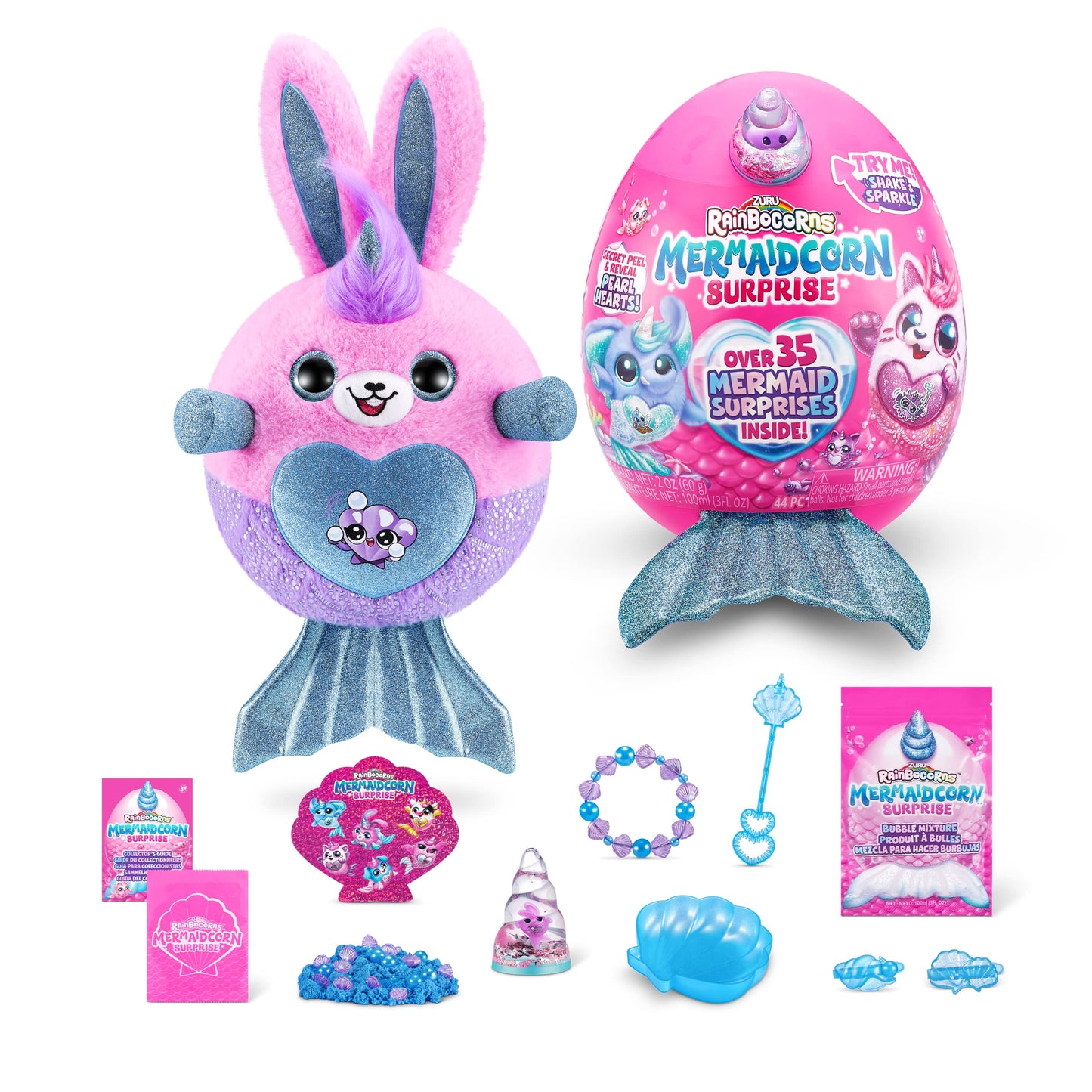 Rainbocorns Mermaidcorn Bunny Plush - Collectible Stuffed Animal with Surprises, Stickers, Magic Sands & Bubble Mixture, Ages 3+