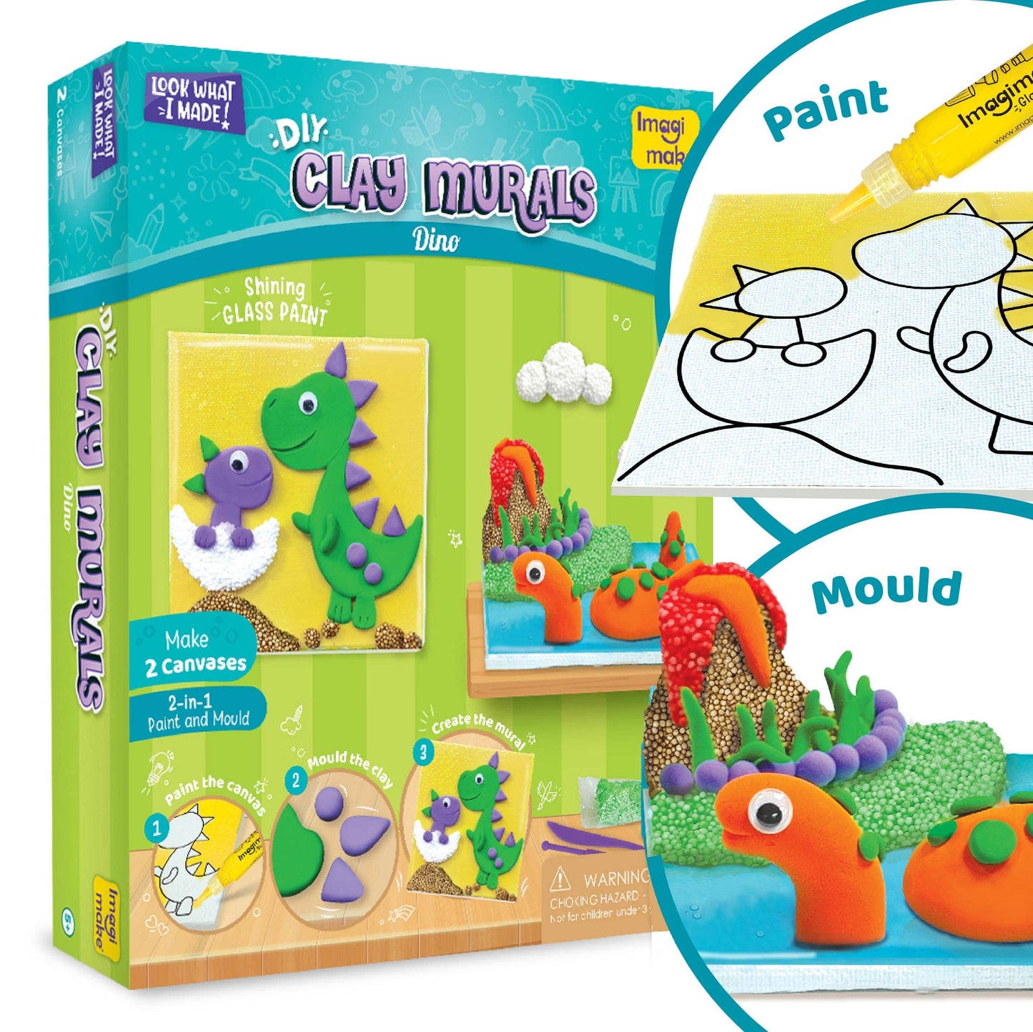 Imagimake Clay Murals  Dino  Modelling Clay & Glass Paint  5 Designs  Art & Craft Kit  Age 5 Years+, Multicolor