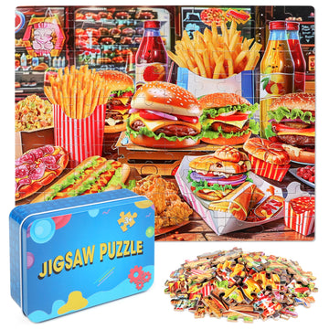 LELEMON Hamburger Jigsaw Puzzles in a Metal Box 100 Pieces Hamburger Fried Chicken French Fries Jigsaw Puzzle for Kids Ages 4-8 