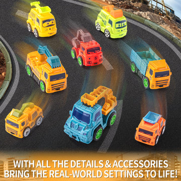 SeventhDuck Mini Cars 14PCS, Pull Back Racing Toy Car Set, Racing Toy Vehicles Mini City Cars with Roadblocks and Characters, Pa