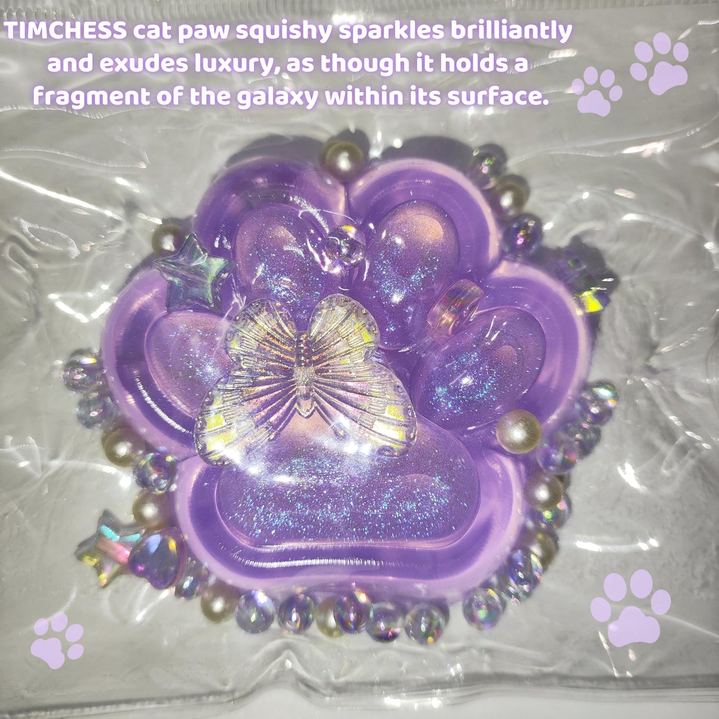 2.76 Inch Squeeze Toys Cat Paw Handmade Squeeze, Purple Glitter Transparent Squeeze Paw, Cute Soft Squeeze For Stress Relief, Fi