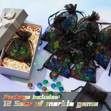 Pack Of 12 Marble Game Sets, Bag Of Marbles Glass Marble Pack Fun Shooter Marbles With Black Drawstring Storage Bag For Indoor A
