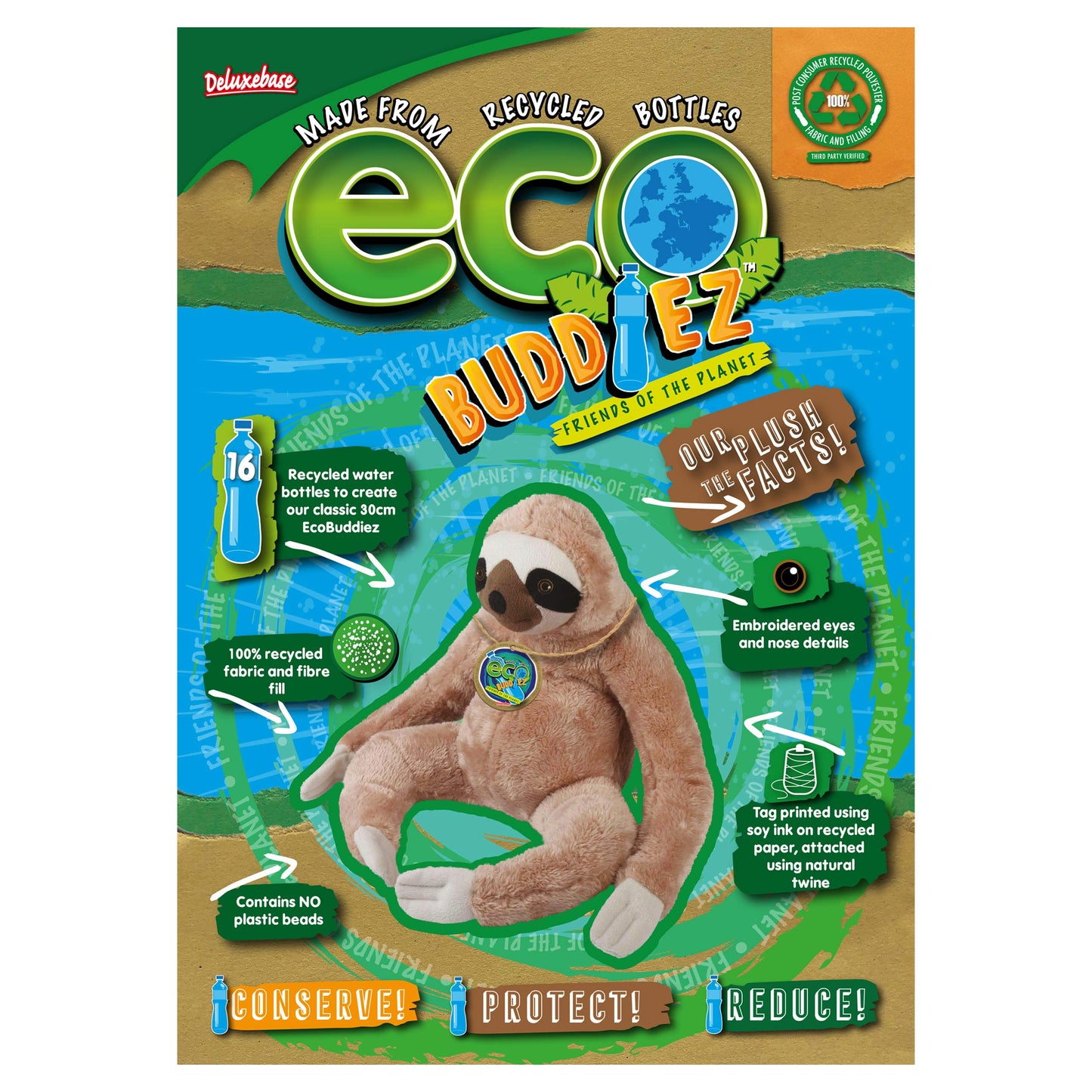 Ecobuddiez - Sloth From Deluxebase. 8-Inch Sustainable Plush Animal From Recycled Materials, Eco-Friendly Soft Stuffed Toy, Chil