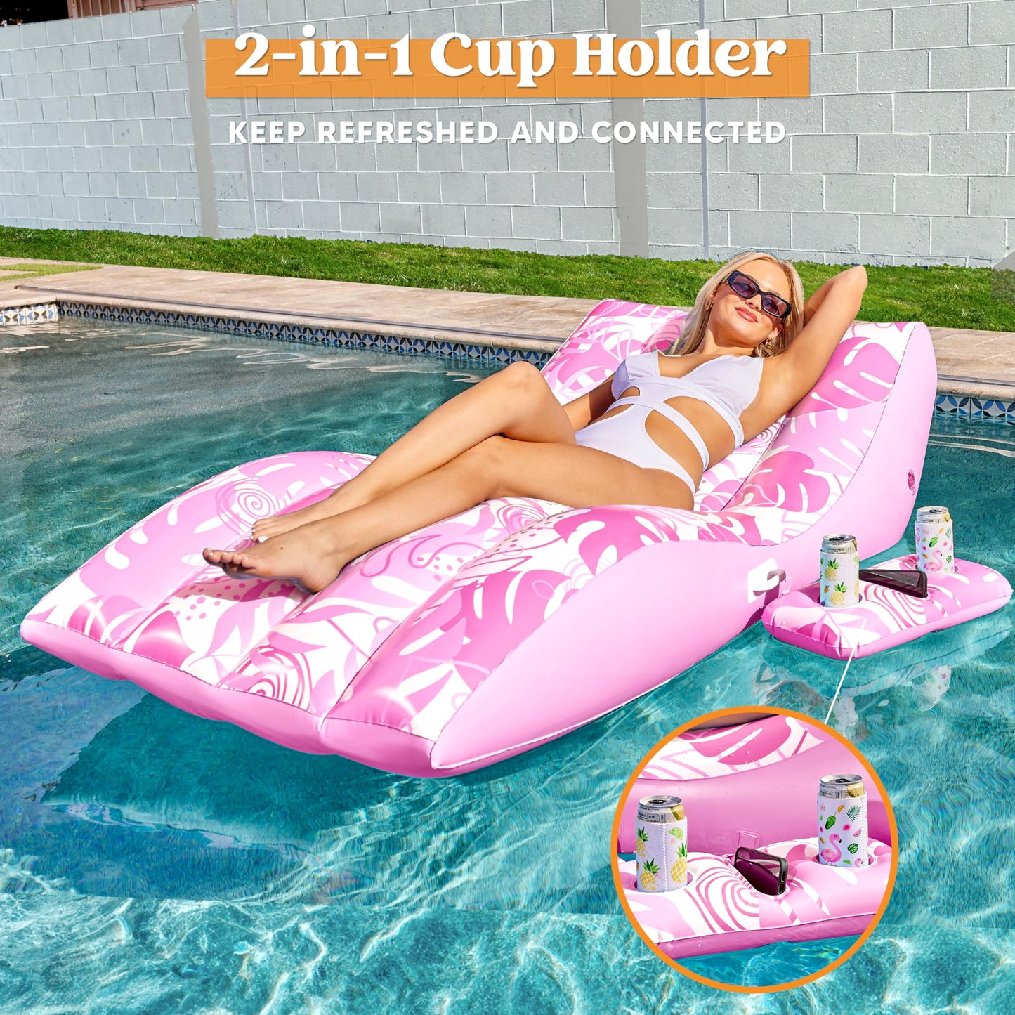 SLOOSH Inflatable Pool Floats mature-themed - Extreme Comfort Pool Lounge Chair with Detachable Cup Holder  Heavy Duty Lounger Floating Recliner Blow Up Floaties Water Floaty Lake Beach Tanning Float (Pink)