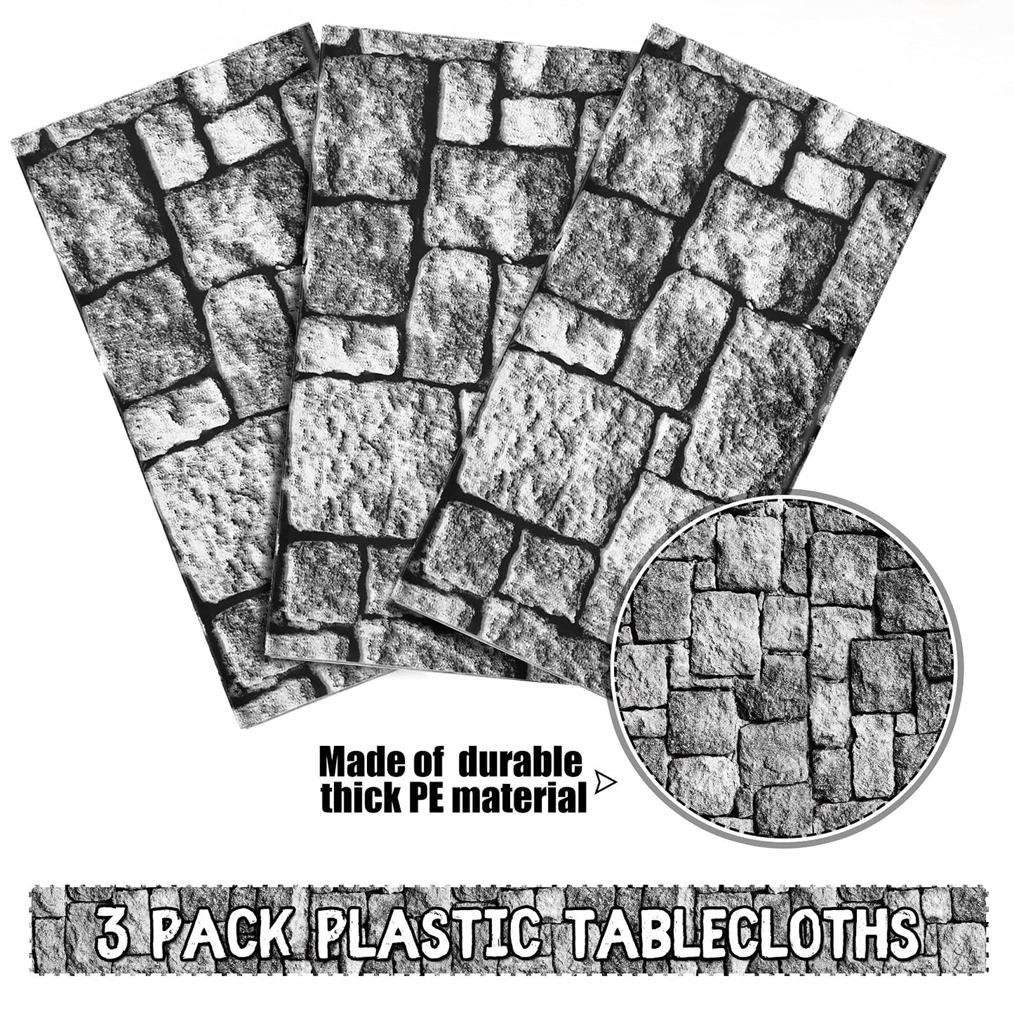 Irenare Stone Wall Tablecloths, Medieval Themed Party Decorations Supplies Disposable Plastic Brick Stone Tablecloth Castle Brick Wall Table Covers For Halloween Birthday Party Favors(3 Pack)