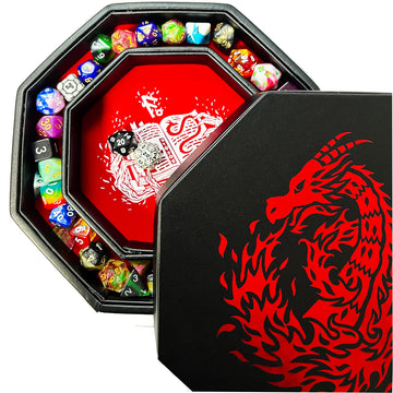 Fantasydice RED Fire Dragon with Wizard Book Print Dice Tray 8'' Octagon with Lid and Dice Staging Area- Holds 5 Sets(7 Dice Set