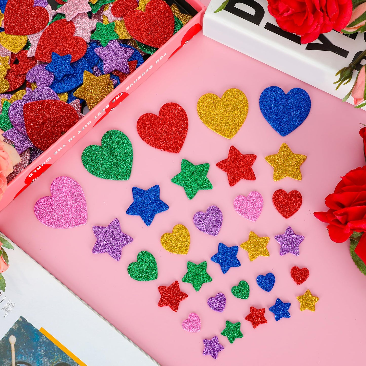 300 PCS Valentines Stickers, Foam Heart Stickers, Glitter Valentine Decor, Self-Adhesive Star Heart Stickers for Kids in Purple