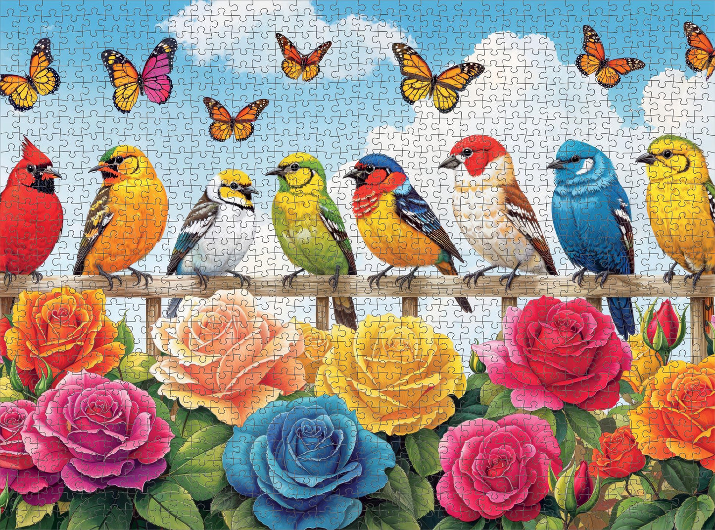 Cross & Glory - Birds And Blossoms - 1000 Piece Jigsaw Puzzle For Adults | Colorful Rose Garden Gala With Vibrant Birds & Roses