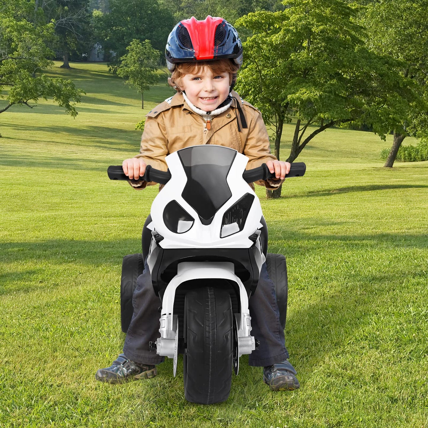 OLAKIDS Kids Ride on Motorcycle, 6V Licensed BMW Electric Motor with Music, Foot Pedal, Headlight, Leather Seat Cushion, 4 Wheel