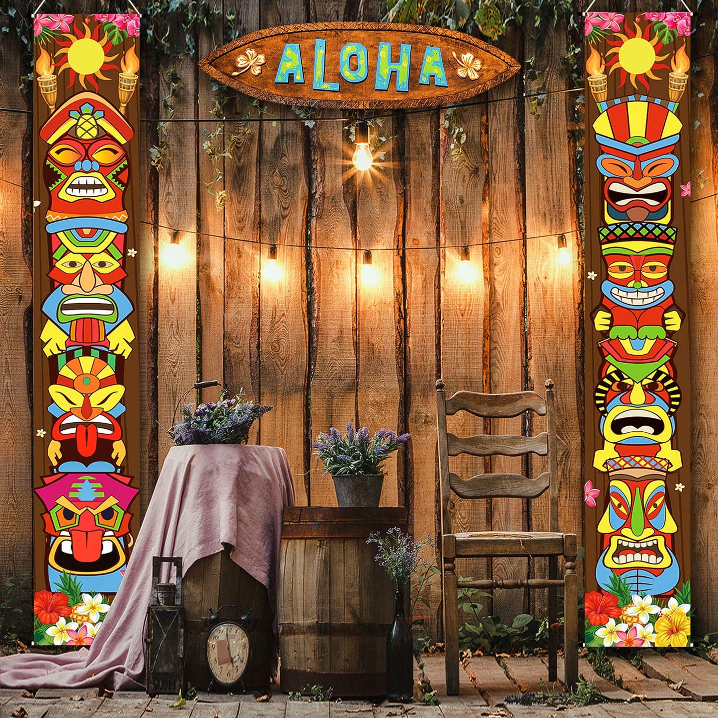 Frienda Hawaiian Luau Party Decoration Supplies Tiki Banner Tiki Totem Door Sign for Hawaii Tropical Decoration Aloha Tropical B