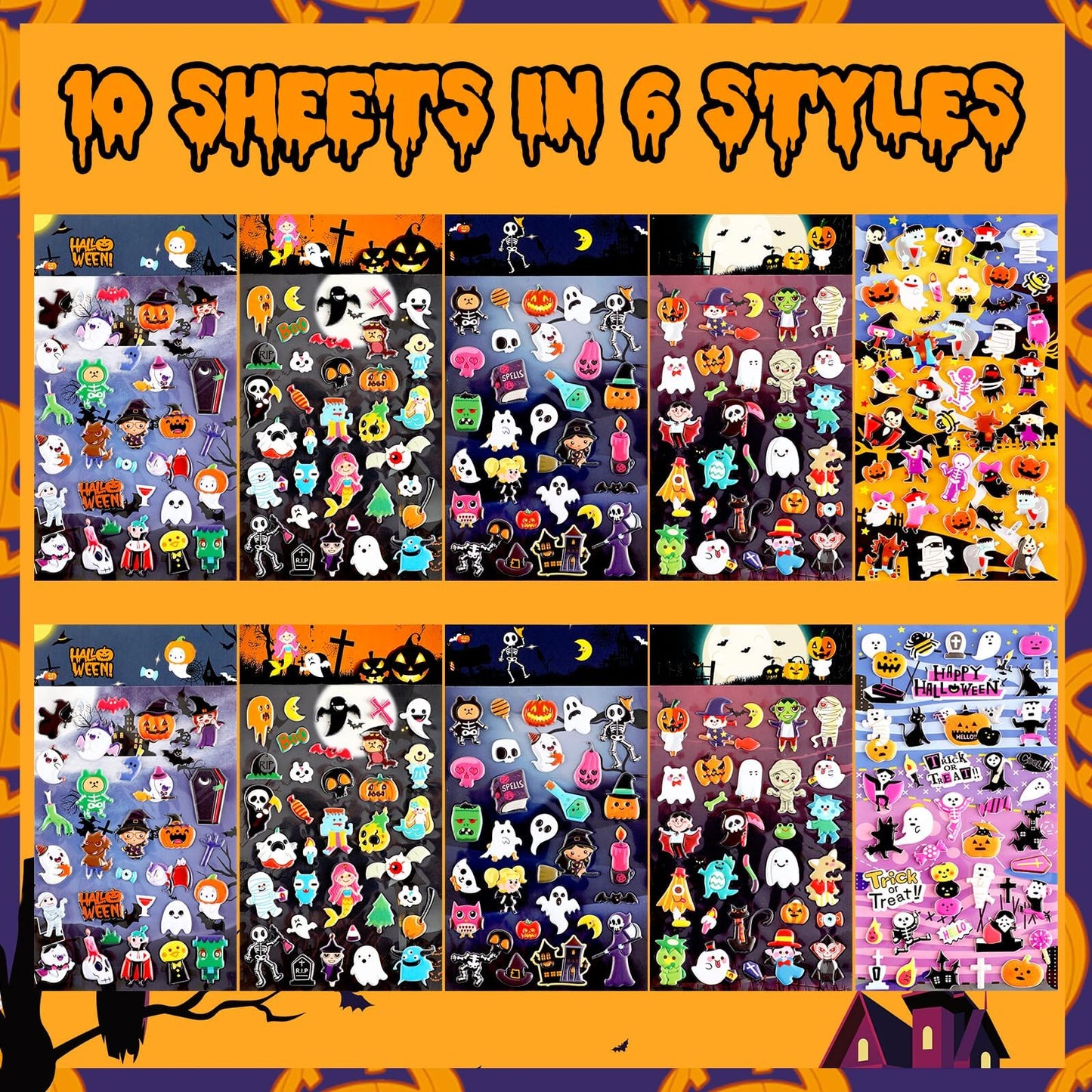 UPINS Halloweens Stickers for Kids, 10 Sheets 3D Happy Halloween Stickers Cute Puffy Stickers Ghost Pumpkin Skull Bat Spider Foa