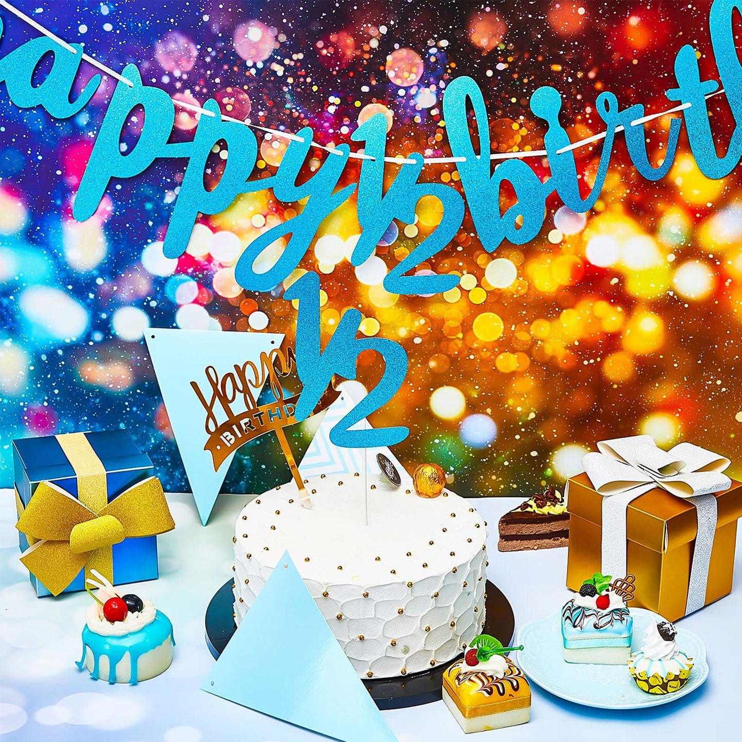 6 Months Banner Happy Birthday Banner Happy 1/2 Birthday Banner Glitter 1/2 Half Year Cake Topper Triangle Flag Banner For Half Year Baby Shower Birthday Party Decoration, Pre-Strung (Blue)