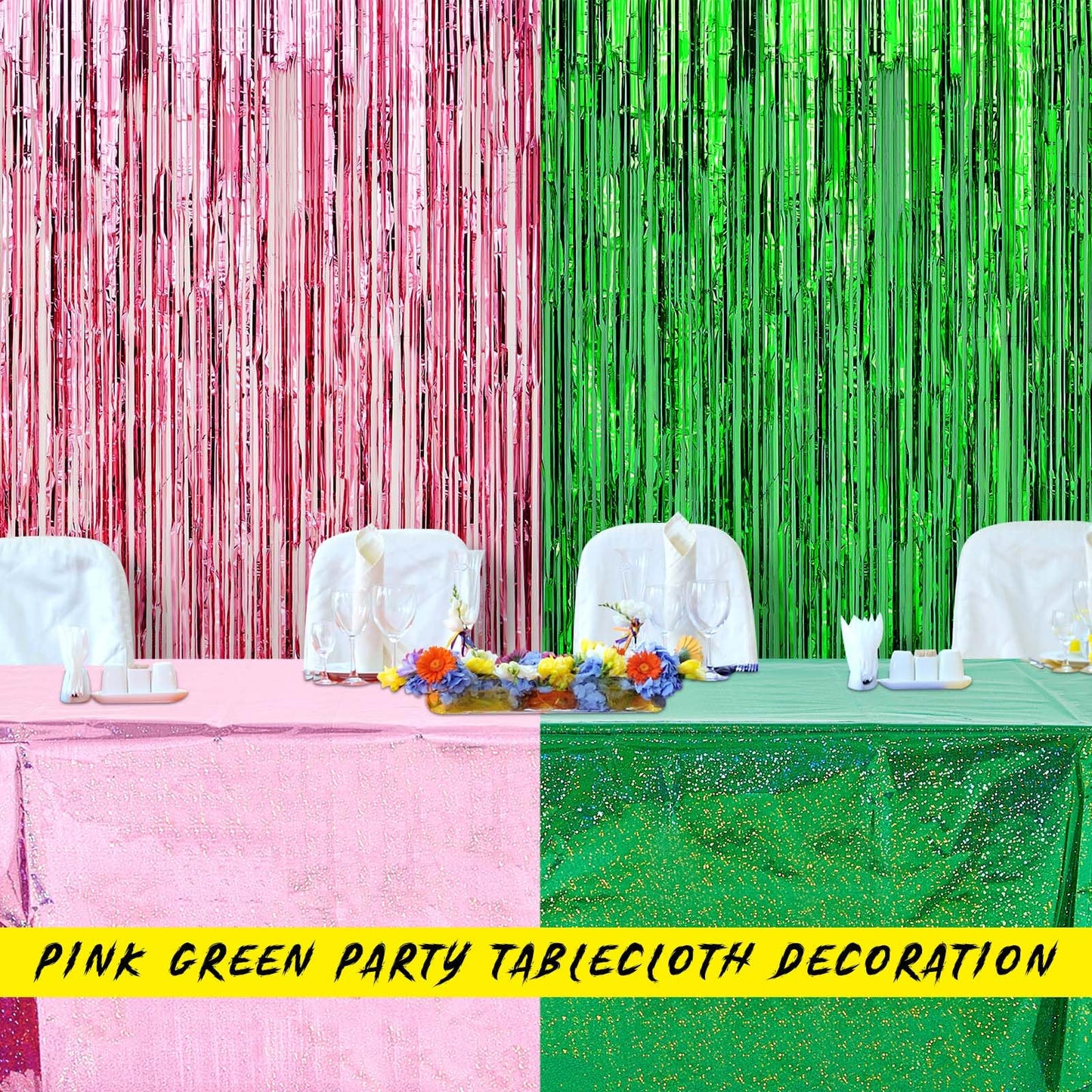 LOYIM 2 Pcs Witch Holographic Tablecloth for Party Pink and Green 54 x 108 Witch Princess Theme Decorations Iridescent Metallic
