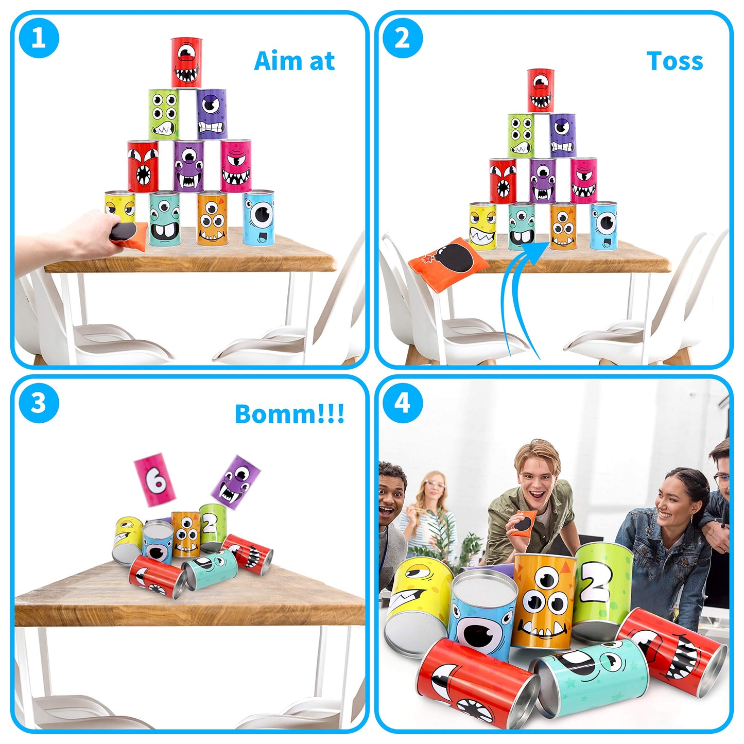 JOYIN 13 Pcs Carnival Bean Bag Toss  Knockdown Can Game Set  Holiday & Birthday Party Games  Outdoor Lawn Yard Activity for Kids Party Favors  Easter Egg Hunt for Classroom Gifts (Monster Style)