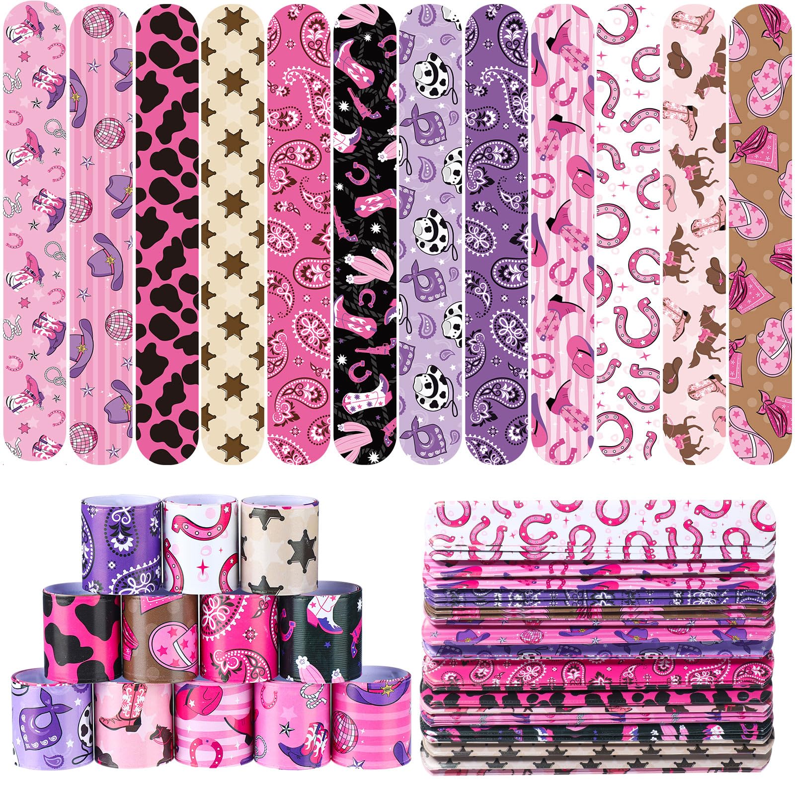 Junkin 48 Pcs Western Cowgirl Party Favors Birthday Decorations Pink Disco Cowgirl Slap Bracelets Kids Horse Birthday Party Good