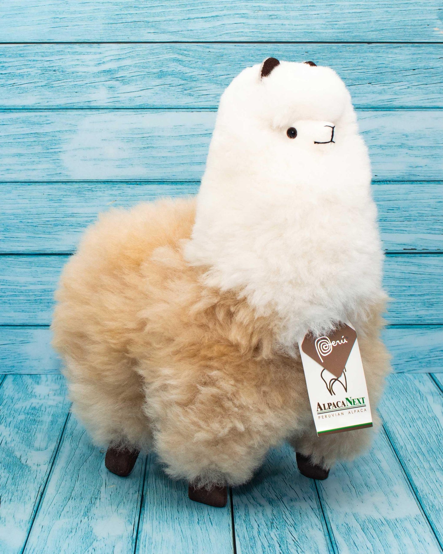 Baby Alpaca Fur Toy - Alpaca Figure - Soft and Cuddly Stuffed Animal (Beige and White  12 inches)