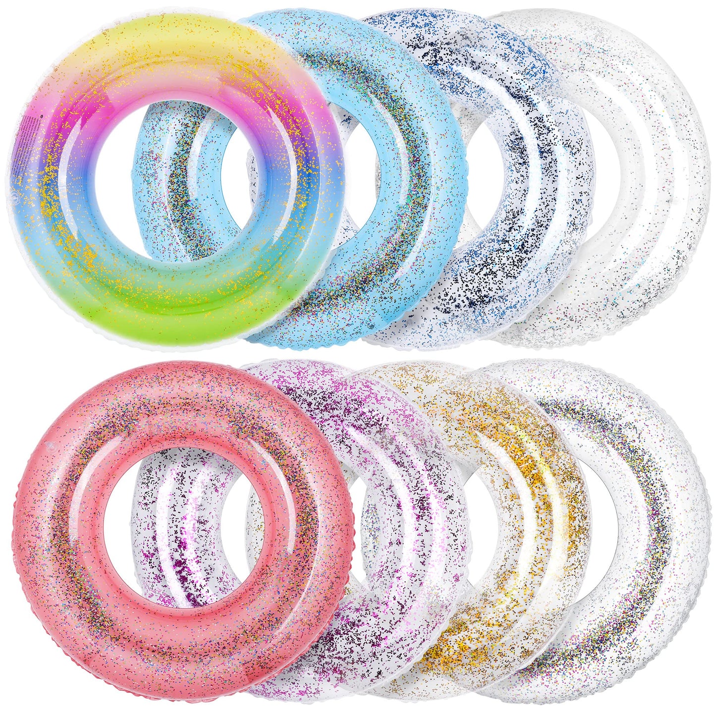 Elcoho 8 Pieces 36 Inches Inflatable Pool Floats Colorful Glitter Pool Tubes Transparent Swimming Ring Pool Floats Toy for Summer Beach  Pool Supplies