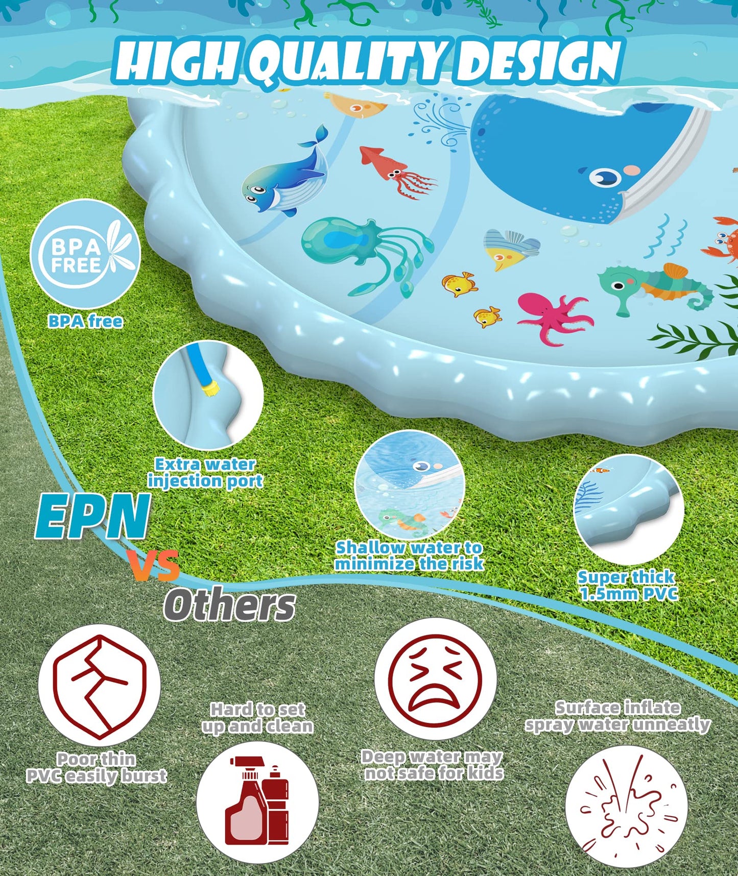 Epn Splash Pad, Extra Large Sprinkler Play Mat Fun For Kids, Thicker Summer Outdoor Water Toys Toddler Pool For 3-12 Years Old C