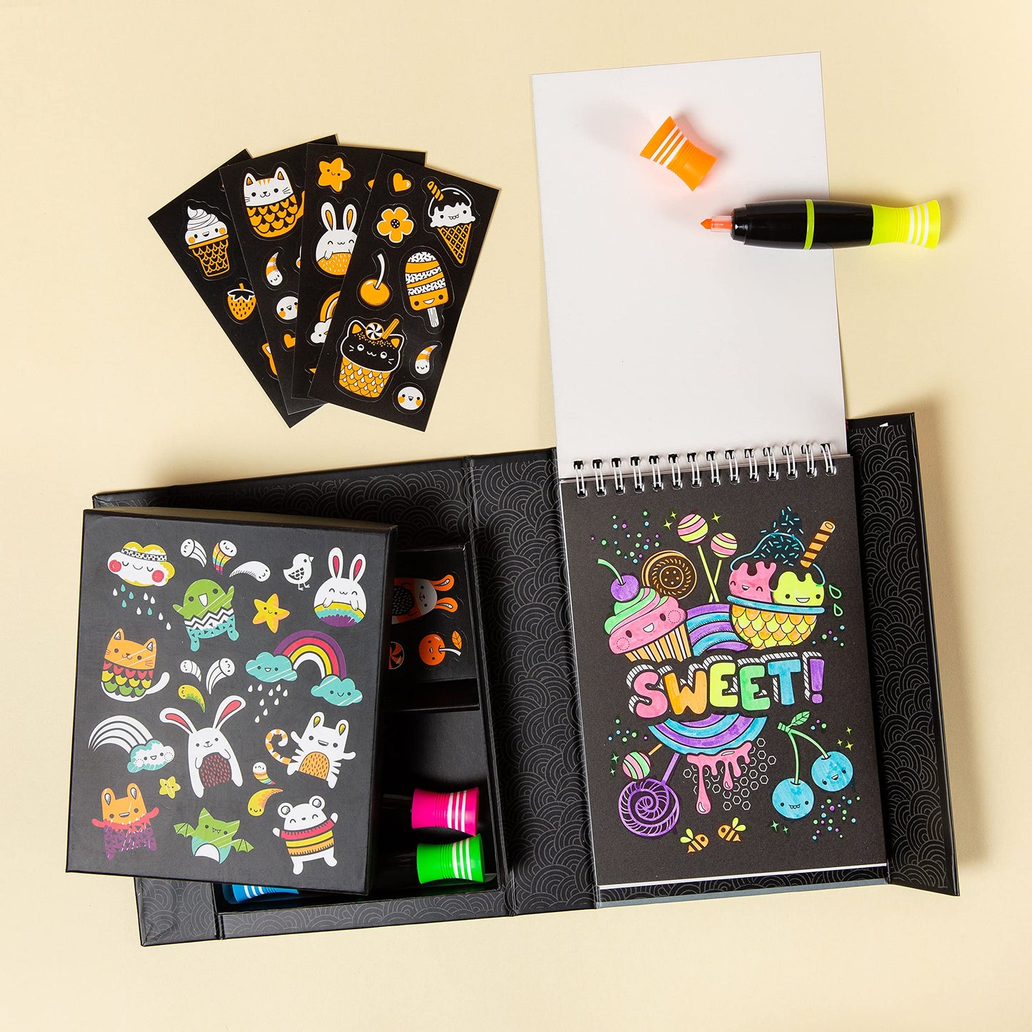 Tiger Tribe Neon Coloring Set - Glow Friends - Black Paper Art - Take Along Travel Kit - All Supplies Included - Easy Clean Up And Storage - Ages 5+ 60329