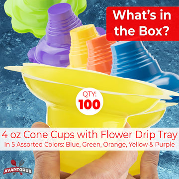 Leak Proof & Drip Catching, Super Cute Reusable 4oz Flower Snow Cone Cups 100 Pk, Colorful Easy Grip Bowls Perfect for Birthday