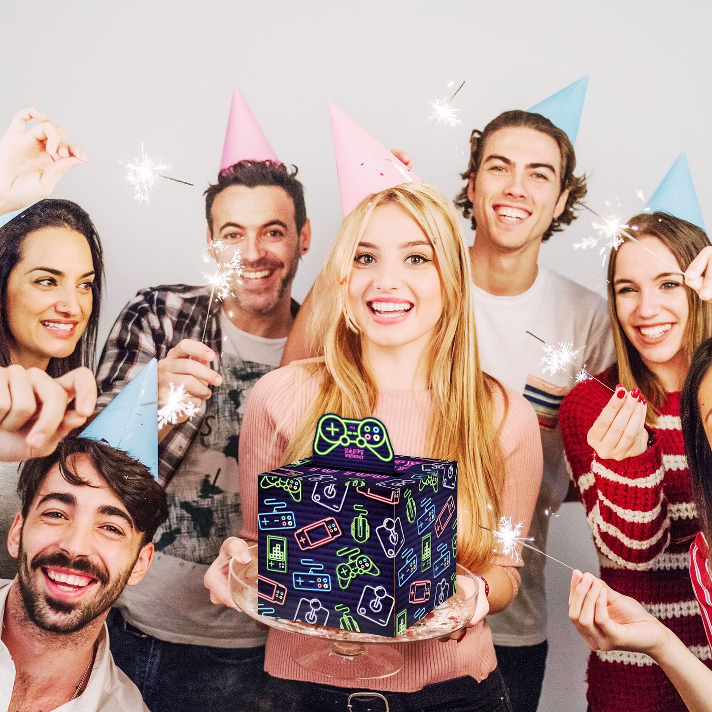 Neon Surprise Money Box Gift Pull For Game Lover- Happy Birthday Money Box For Cash Gift Set Included Happy Birthday Card And 35Pcs Transparent Bags, Fun Birthday Gift For Kids Boys Girls