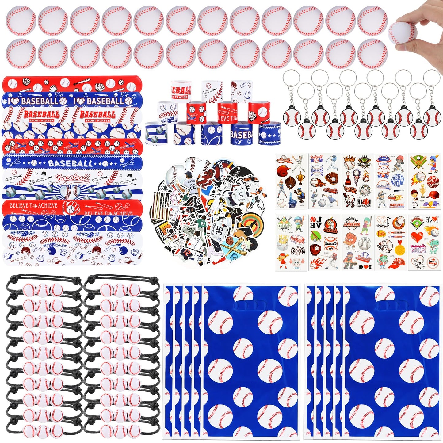295 Pieces Baseball Party Favors Supplies Set Bulk Mini Baseballs Slap Bracelet Tattoo Sticker Keychain Adjustable Bracelet Good