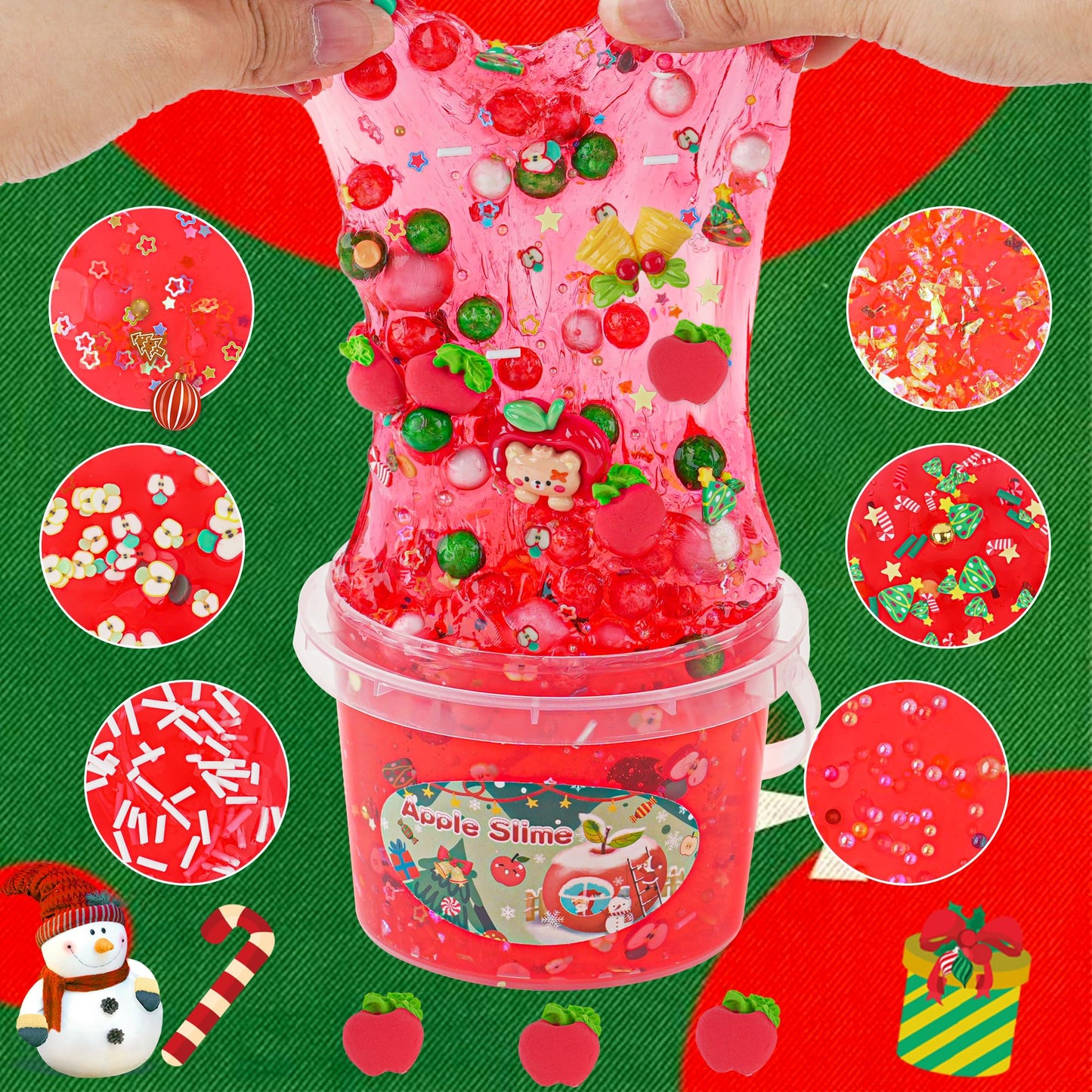 Lawoho 300Ml Apple Slime With Clay, Red Clear Slime Kit For Stocking Stuffers With 9 Packs Slime Add-Ins, Christmas Slime For Kids Party Favors, Slime Kit For Birthday Halloween Christmas Easter Gifts