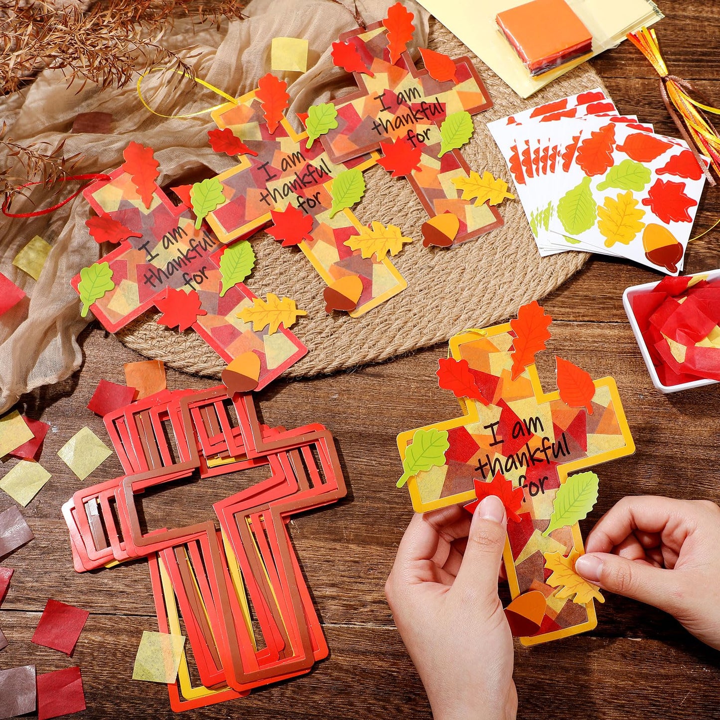 Lunmon 24 Sets Fall Suncatchers Crafts Thanksgiving Fall Blessing Tissue Paper Craft Christian Religious Jesus Cross Ornament fo