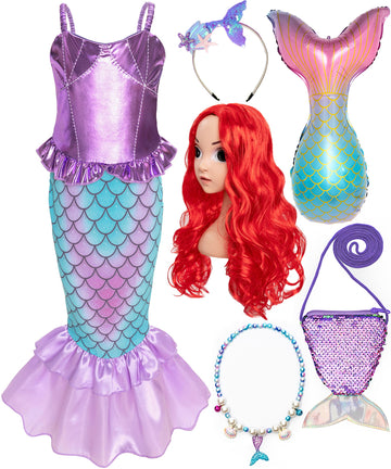 Funna Little Mermaid Costume For Girls Princess Dress Up With Accessories Wig Purple, 10 Years