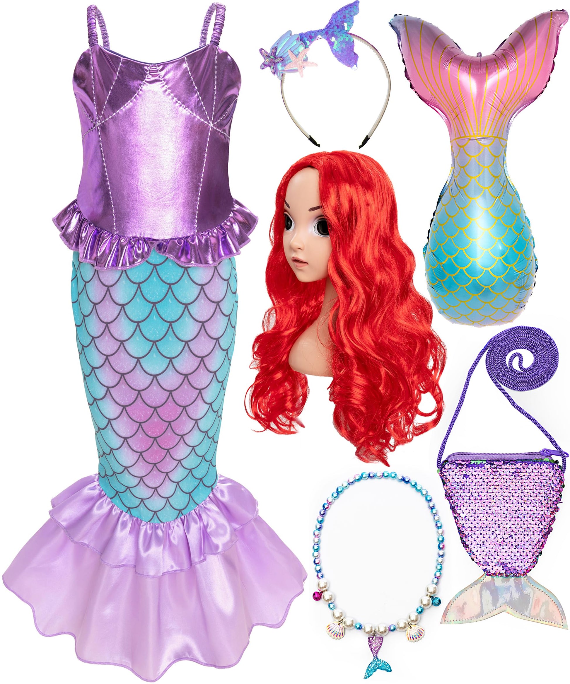 Funna Little Mermaid Costume For Girls Princess Dress Up With Accessories Wig Purple, 5T