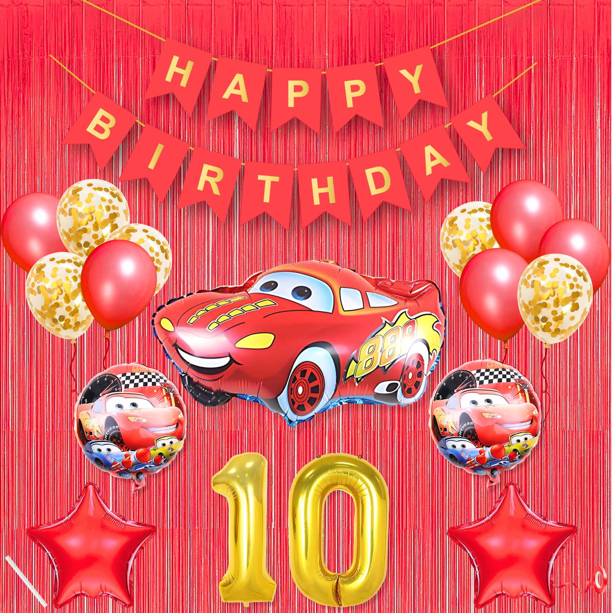 10Th Car Theme Happy Birthday Banner Decoration Red For 10 Year Old Baby Boys Girls Kids 5 Pc Lightning Macqueen Theme 10 Pc Con